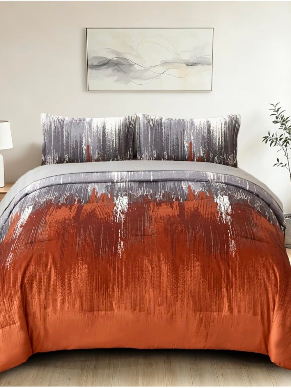 Modern Abstract Burnt Orange and Gray Beg In A Bag King Size Comforter Set